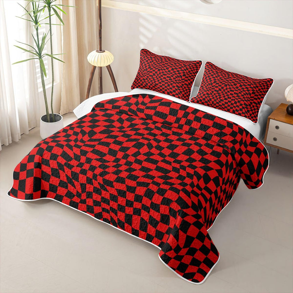 Buffalo Plaid Quilts - Red and Black Bedspread Coverlet Set, Geometric Wavy Grid Quilt Coverlets 3 Pieces