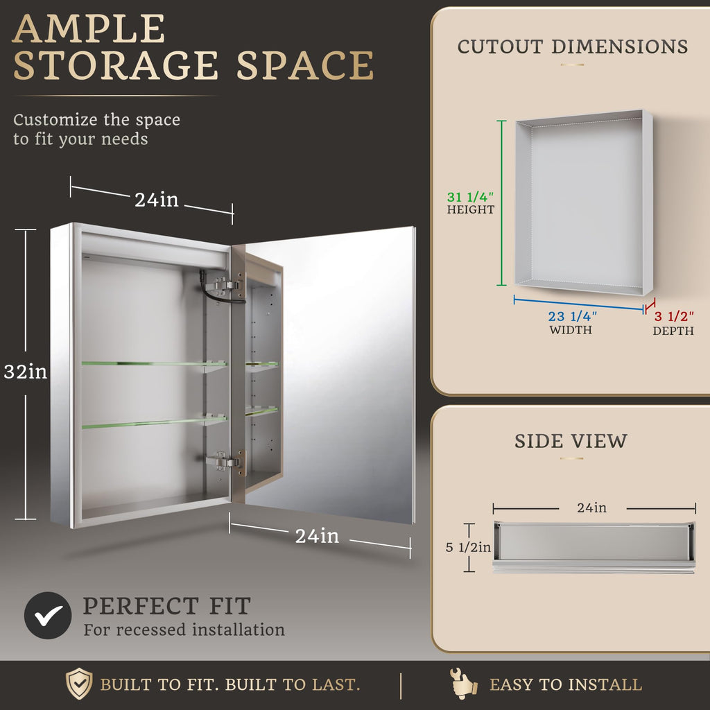 24x32 Lighted Medicine Cabinet, Separate Front & Back Lights