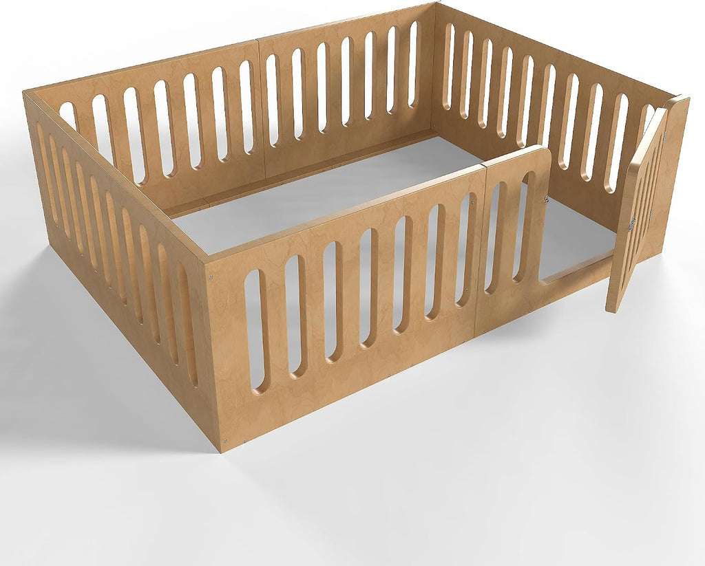 Floor Bed with Door for Kids, Floor Bed with High Fence, Wooden Montessori Beds for Kids, Natural no