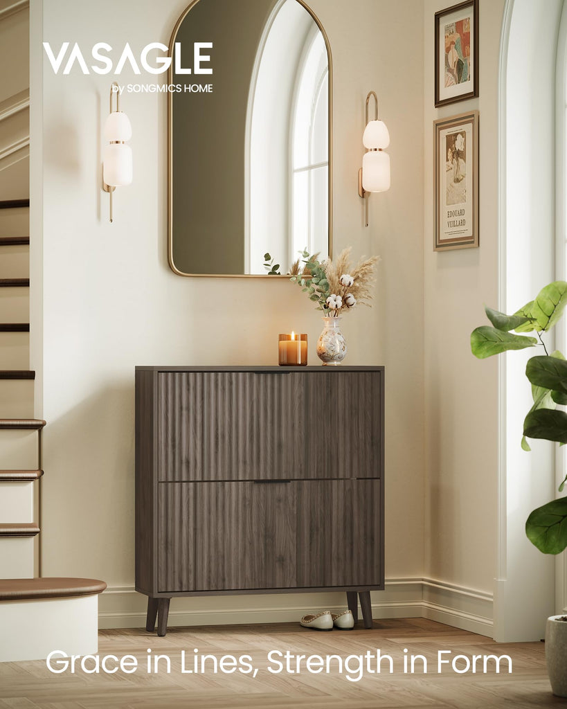 Collection - Shoe Storage Cabinet with 2 Flip Drawers, Freestanding Narrow Shoe Rack Organizer, Fluted Doors, Fits