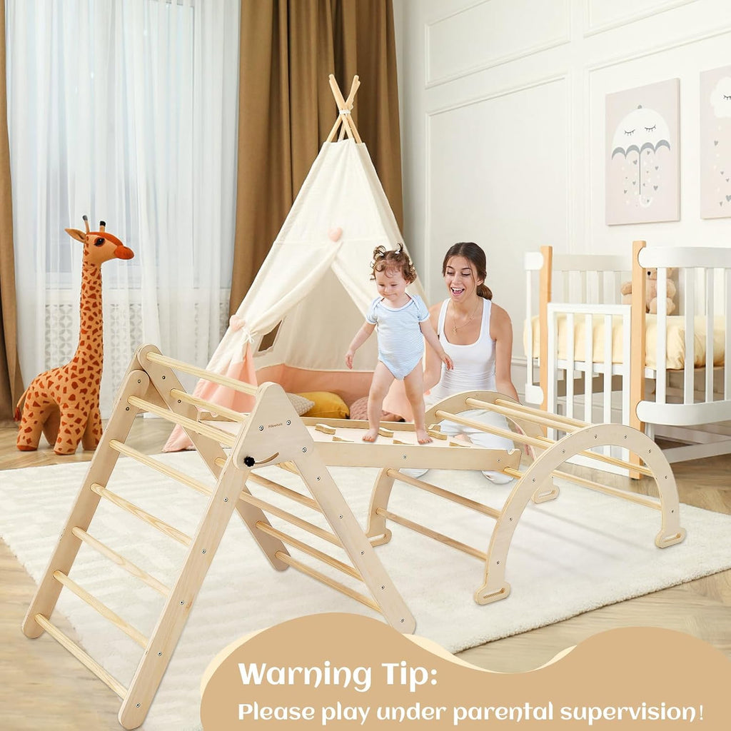 Extra‐Large Montessori Wooden Climbing Triangle Set-Foldable Toddler Gym Triangle, Climbing Ramp & Arch, Indoor