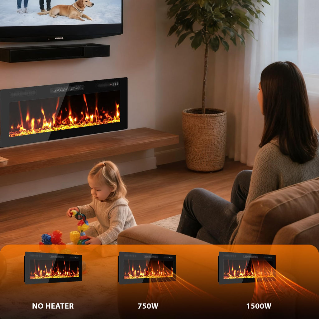 40" Electric Fireplace Recessed Wall Mounted, Ultra Thin Linear Fireplace Inserts, 12 Flame Colors, Timer, Remote &