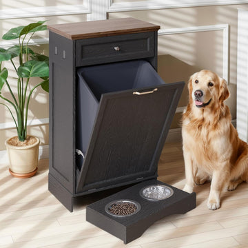 Tilt Out Trash Can Cabinet with Dog Bowl, 10 Gallons Dog Feeding Station with Storage, Dog Food Cabinet with Hideaway