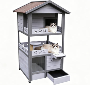 3-Story Wooden Cat House, Indoor/Outdoor Cat Condo with Waterproof Asphalt Roof, PVC Door Curtain, Jumping Platform &