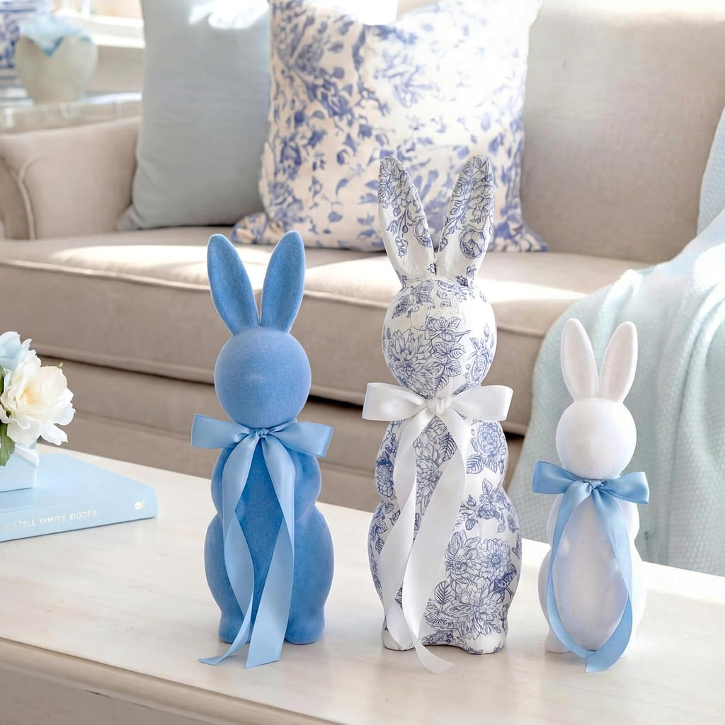 Easter Bunny Decorations Chinoiserie Floral Easter Centerpieces 15.5/13/10 Inch Blue and White Flocked Rabbit - Set of 3