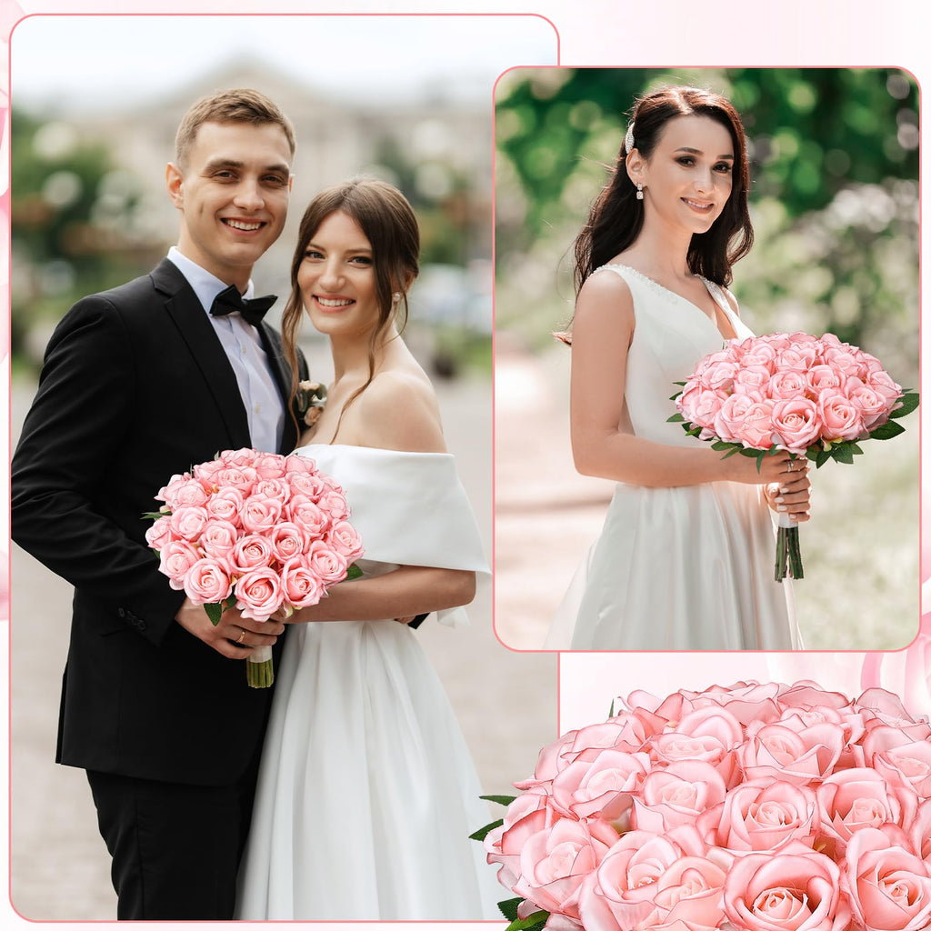 80 Pcs Artificial Roses Long Stem Silk Flowers Light Pink
