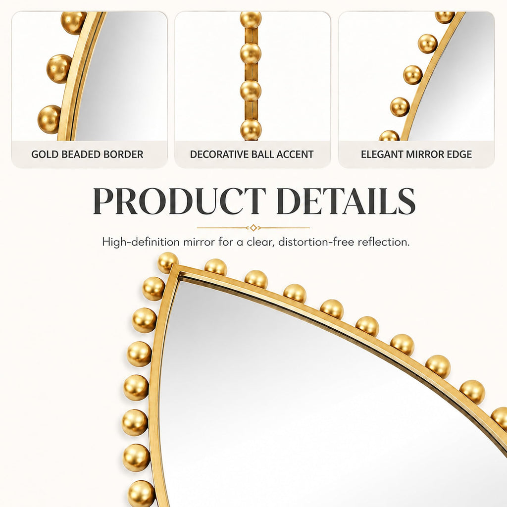 24x36 inch Teardrop Wall Mirror, Antique Gold Beaded Ball Frame