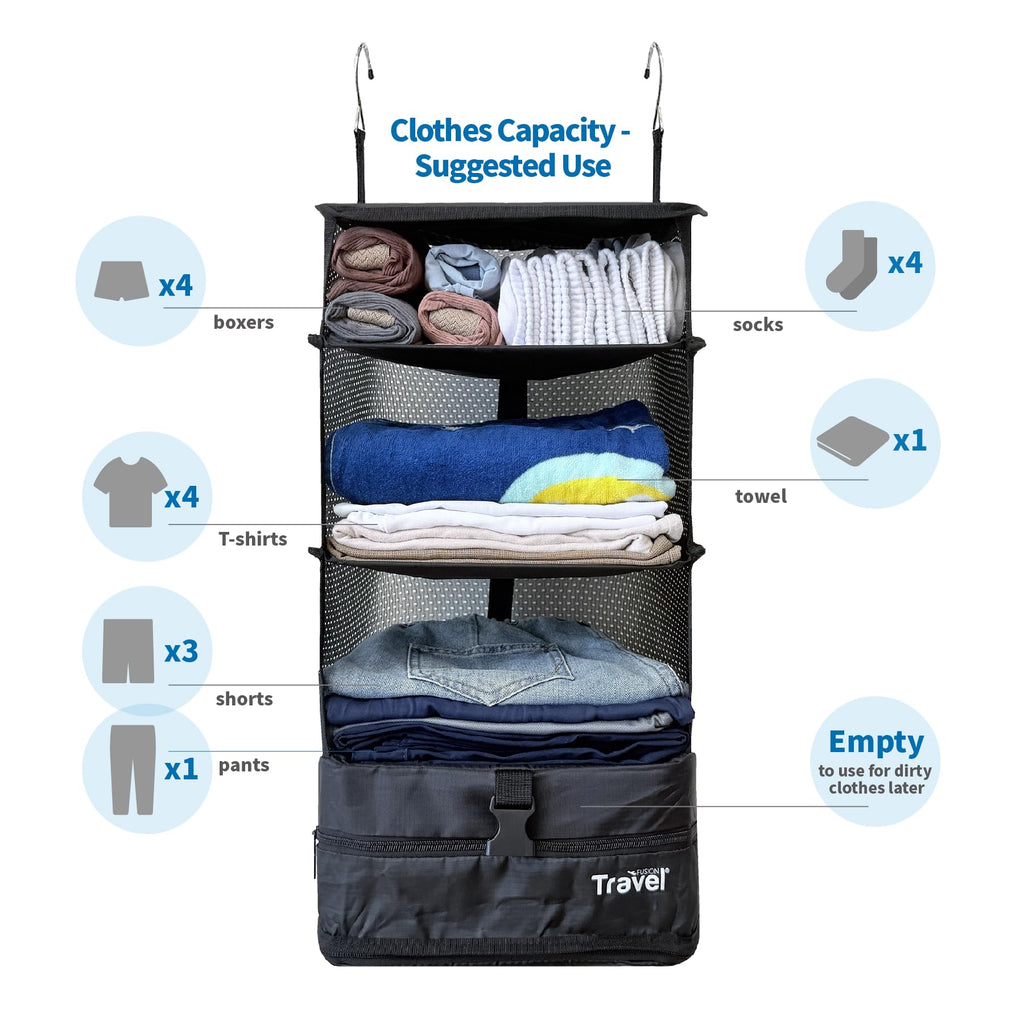 Fusion Stow-N-Go Hanging Travel Shelves, Packing Organizer for Luggage. Carry on Closet for Suitcase. Expandable