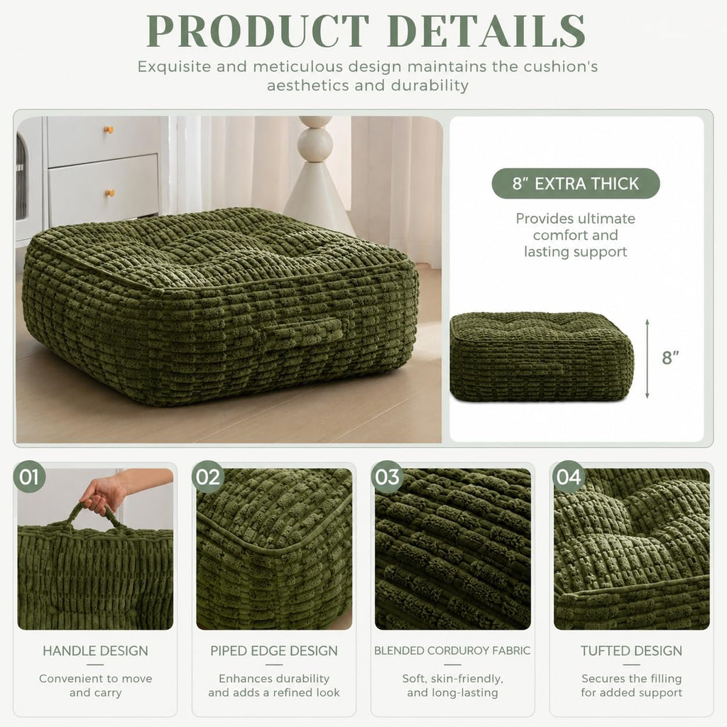 8" Extra Thick Floor Pillow Cushion for Adults, 22x22 Large Square Meditation Cushion with Handle, Memory Foam