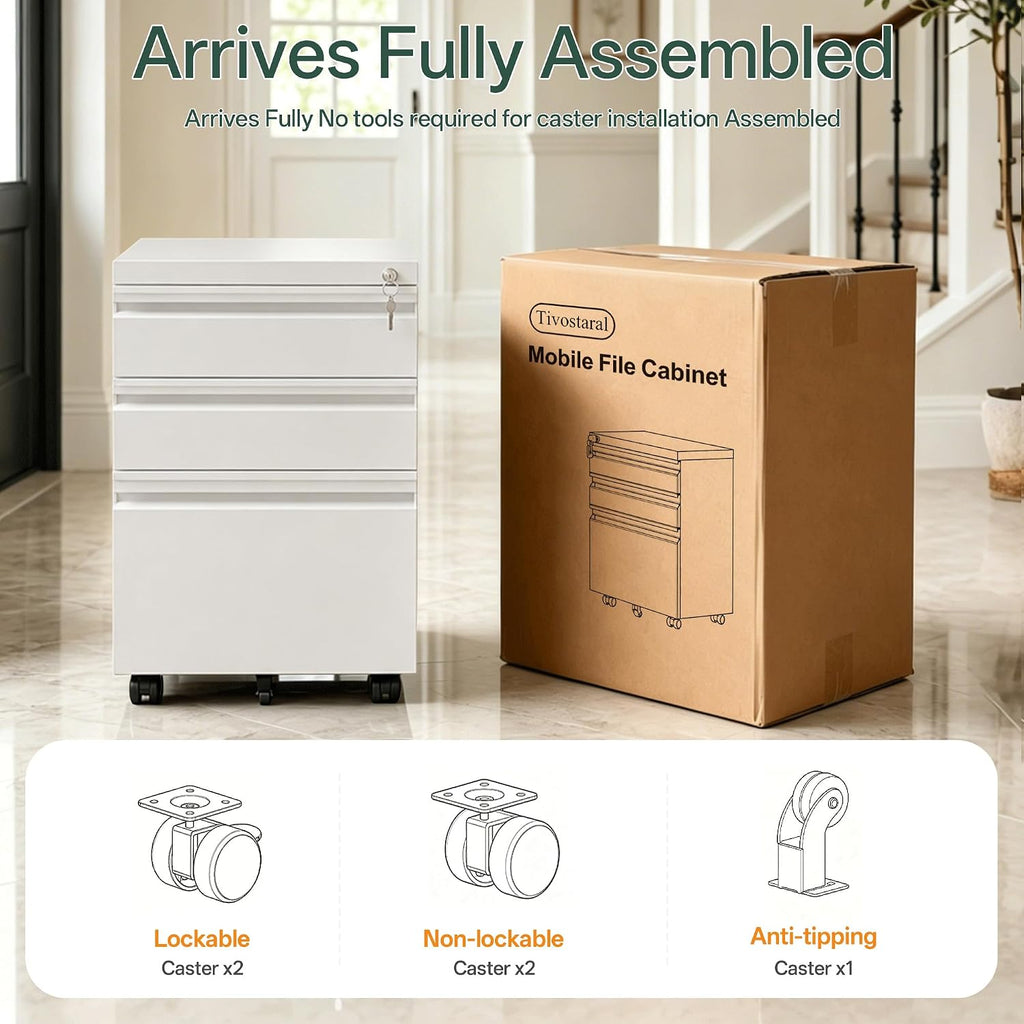 3 Drawer Mobile File Cabinet with Lock, Fully Assembled | Under Desk Metal Filing Cabinet Organization, Fits