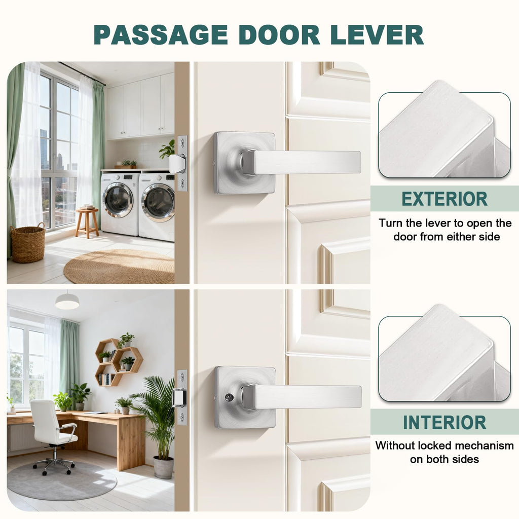 5 Pack Brushed Nickel Passage Door Levers Interior Door Handles Square Closet Door Lock Keyless Straight Lever Door