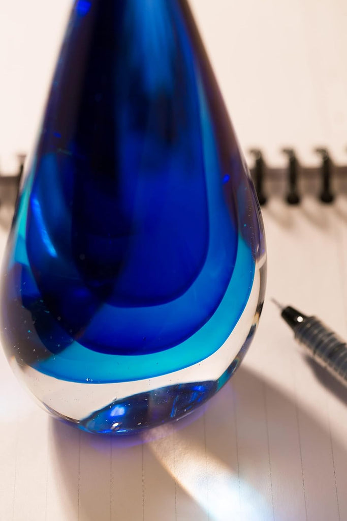 Glass Sculpture Hand-Blown Murano-Style Glass Statue and Figurine, Blue Teardrop Decor