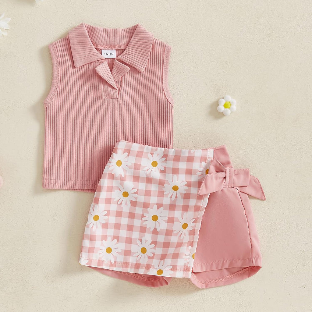 Toddler Baby Girls Summer Outfit Sleeveless Ribbed Collared Tank Tops + Floral Skirt Shorts Set Kids Cute Clothes