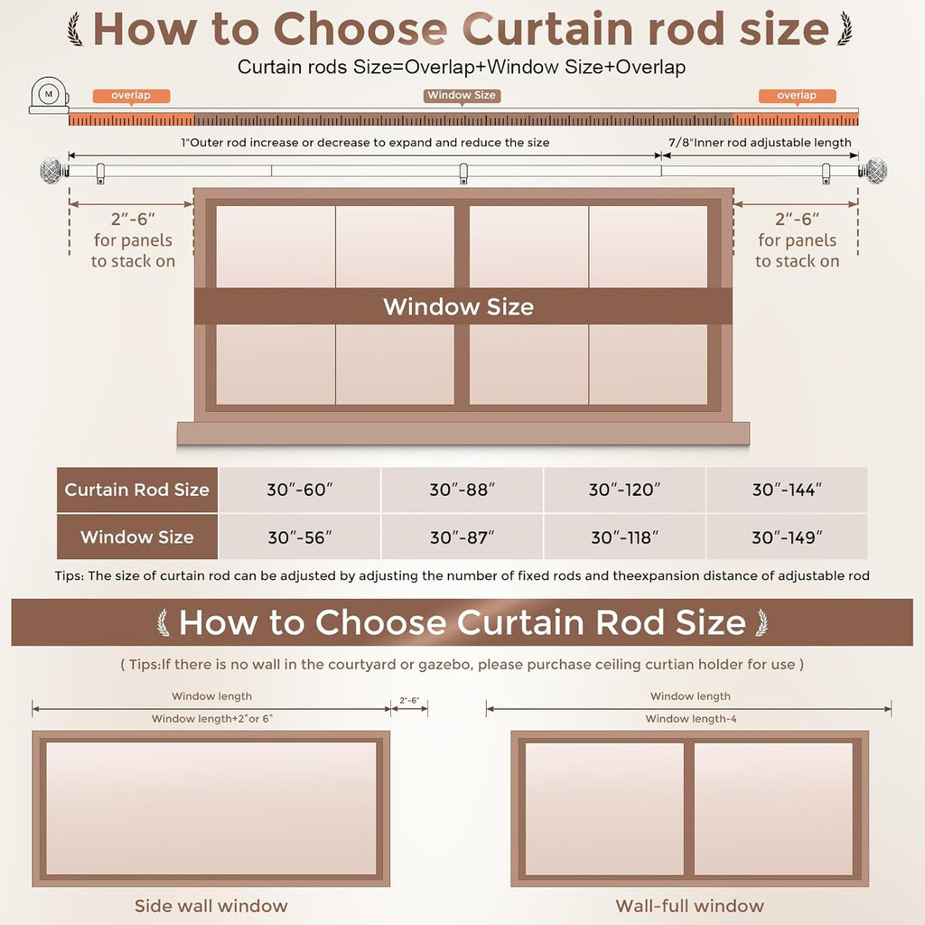 Boho Curtain Rods for Windows 48 to 84 Inches, Decorative 1'' Diameter Heavy Duty Adjustable Rustic Farmhouse Drapery