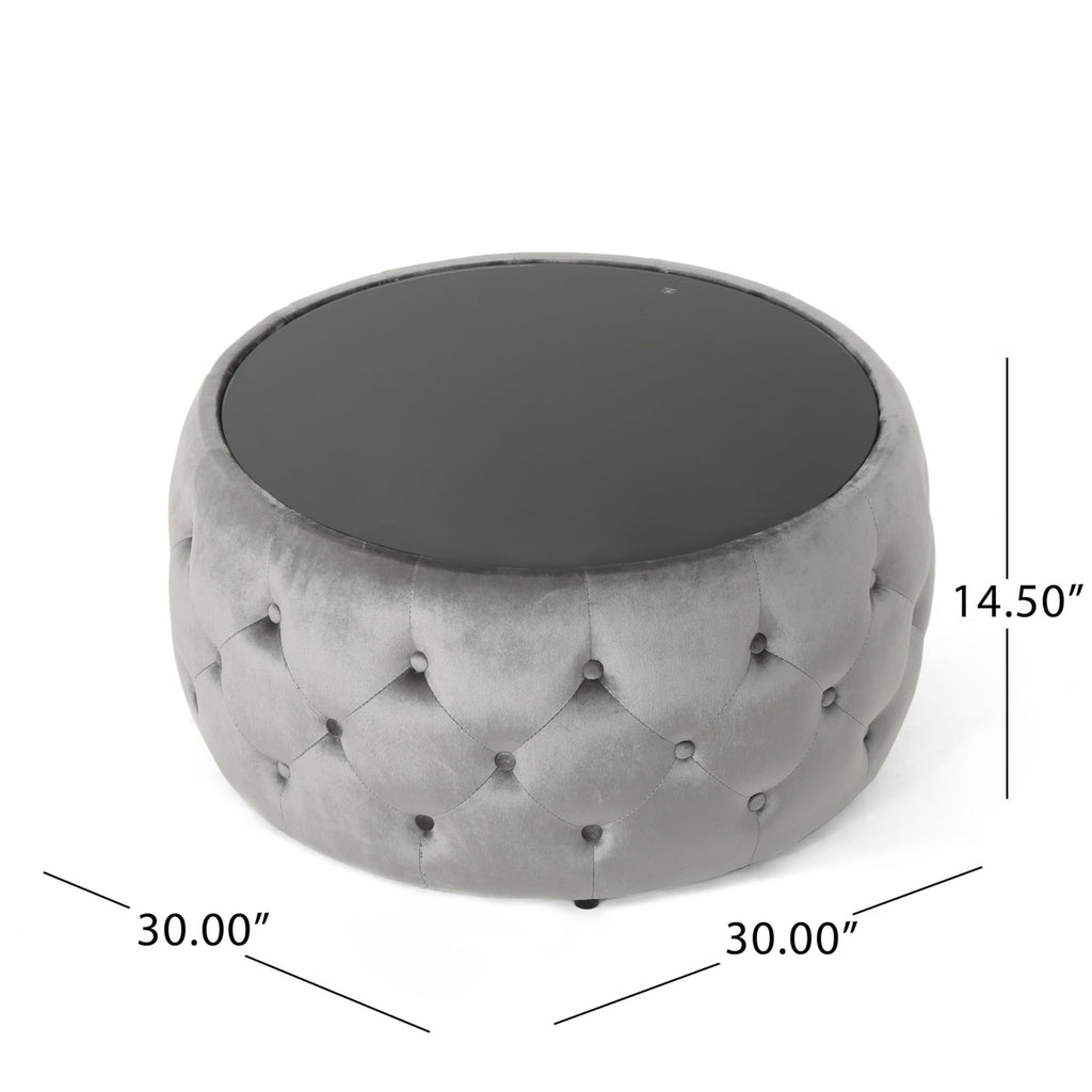 30" Round Velvet Ottoman Coffee Table, Button Tufted Coffee Table with Tempered Glass Top Modern Upholstered Tufted