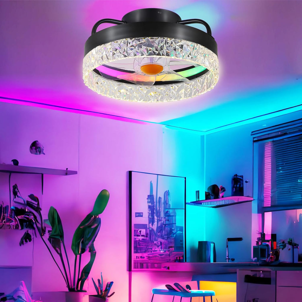 13in Flush Mount Ceiling Fan with RGB Light - Small Bladeless Ceiling Fan Light with Reversible Mute Motor, LED Dimmable, Low Profile Enclosed Ceiling Fans for Modern Indoor A101-B0DBZMWL2S