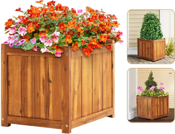 Hardwood Outdoor Flower Box, Durable Acacia Wood Flower Boxes for Outdoor Plants with Ergonomic Handles, Drainage