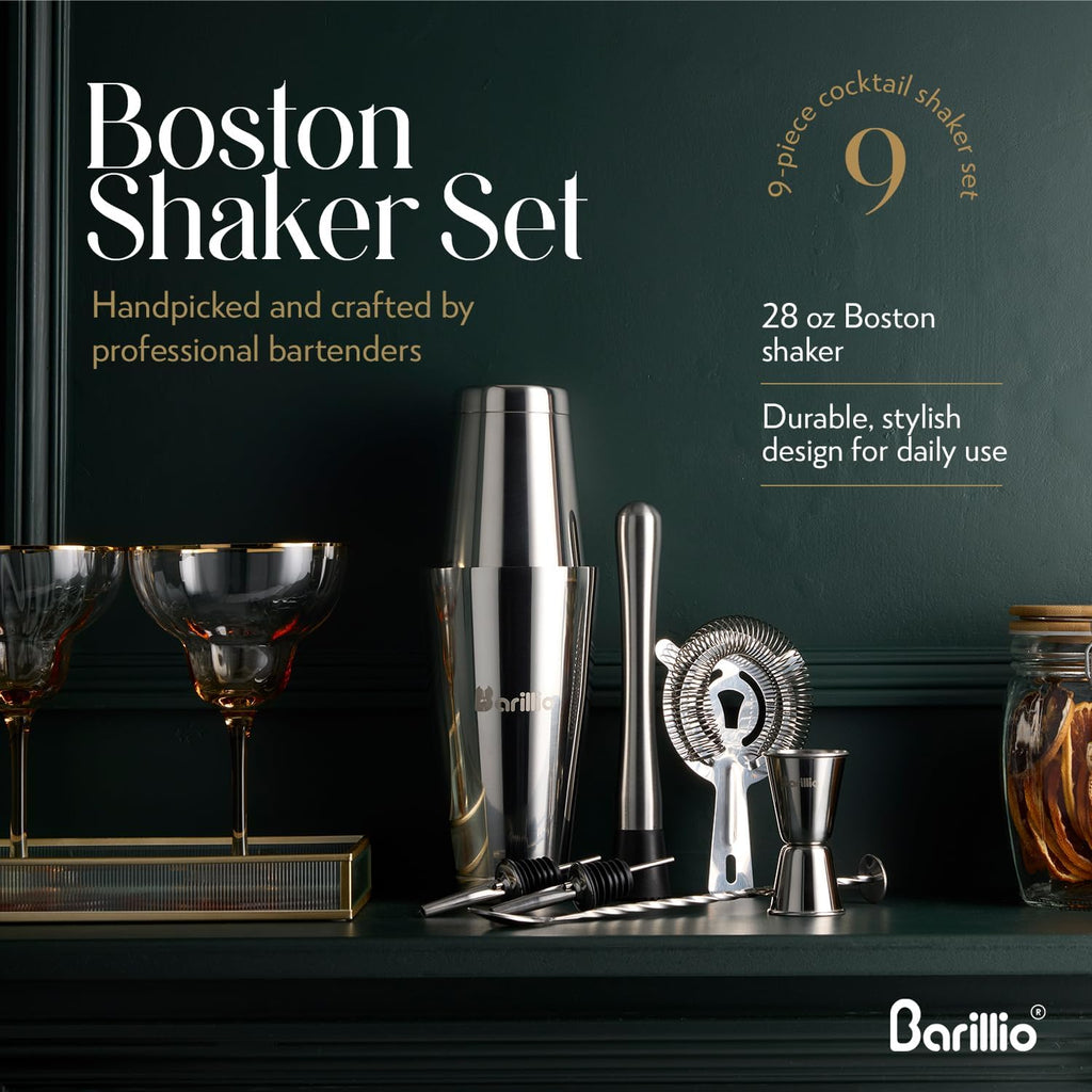 Boston Shaker Set - Stainless-Steel, Weighted, Martini Cocktail Shaker Set w/Strainer & Mixer - Mixology Bartender - Set of 9