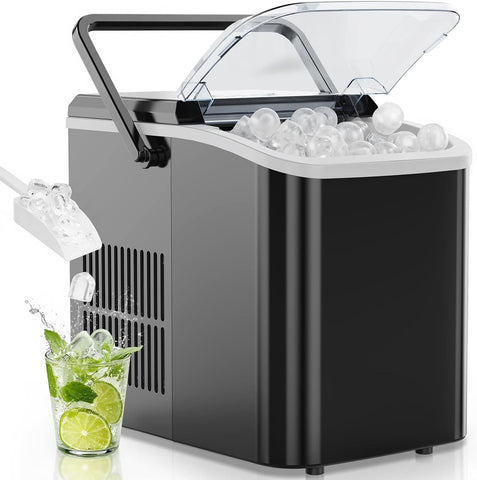 Countertop Ice Maker Machine with Handle, Auto-Cleaning Portable Ice Maker with Basket & Scoop, 26lbs in 24Hrs & 9