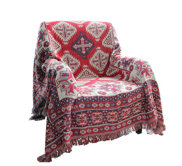 Bohemian Cotton Woven Red Geometric Pattern Throw Blanket with Tassel Couch Decorative Seat Cover Soft Chair Cover