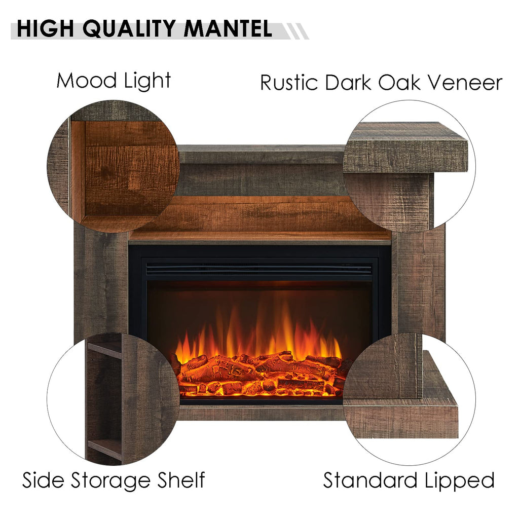 LegendFlame Barron Electric Fireplace with 51" Storage Shelf Mantel Surround and Jaden 31" Insert, Rustic Dark Oak