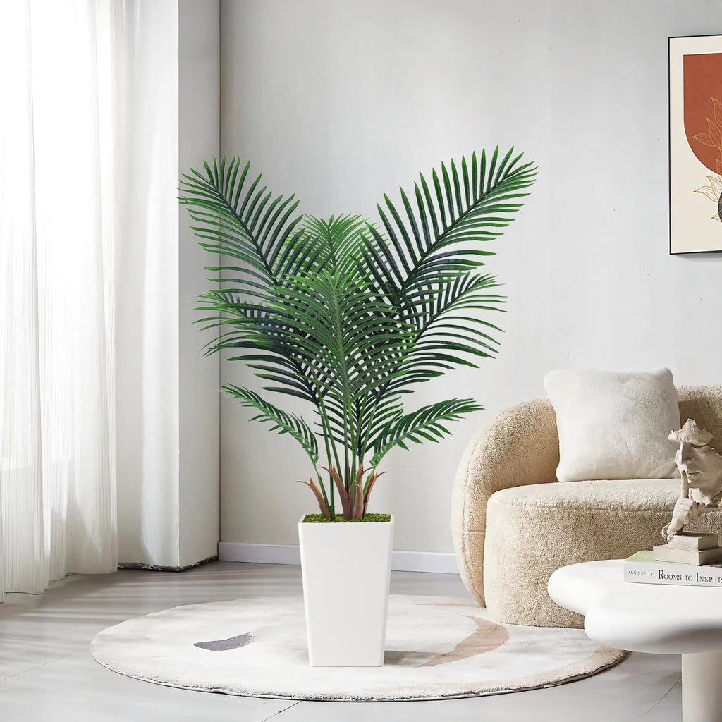 Artificial Palm Tree 5FT, Faux Palm Tree with Tall White Planter, Realistic Leaves & Natural Wood Trunk, Ideal Decor