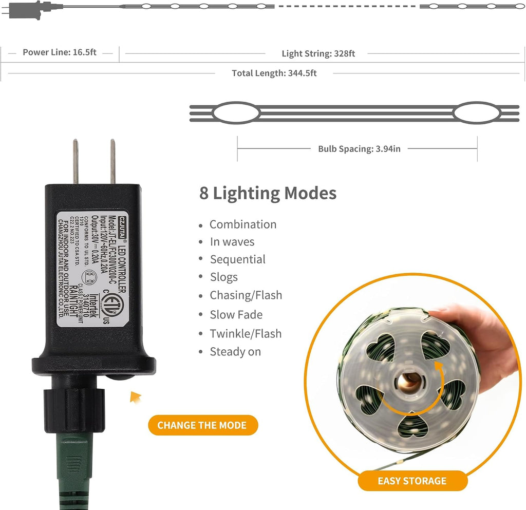 1000 LED Fairy String Lights, 328FT Long Outdoor Christmas Lights, Waterproof IP65 Green PVC Copper Wire Lights, 8