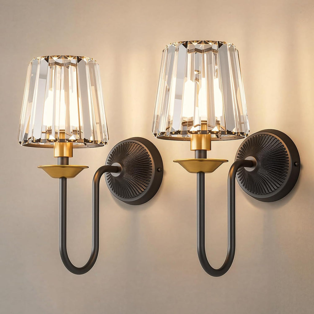Black and Gold Battery Operated Wall Sconces Set of Two, Crystal Wireless Rechargeable Wall Lights with Remote