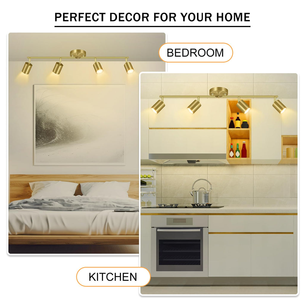 Gold LED 4 Light Track Lighting Kit, 4 Way Ceiling Spot Lighting, Flexibly Rotatable Light Head, Bulb Not Included