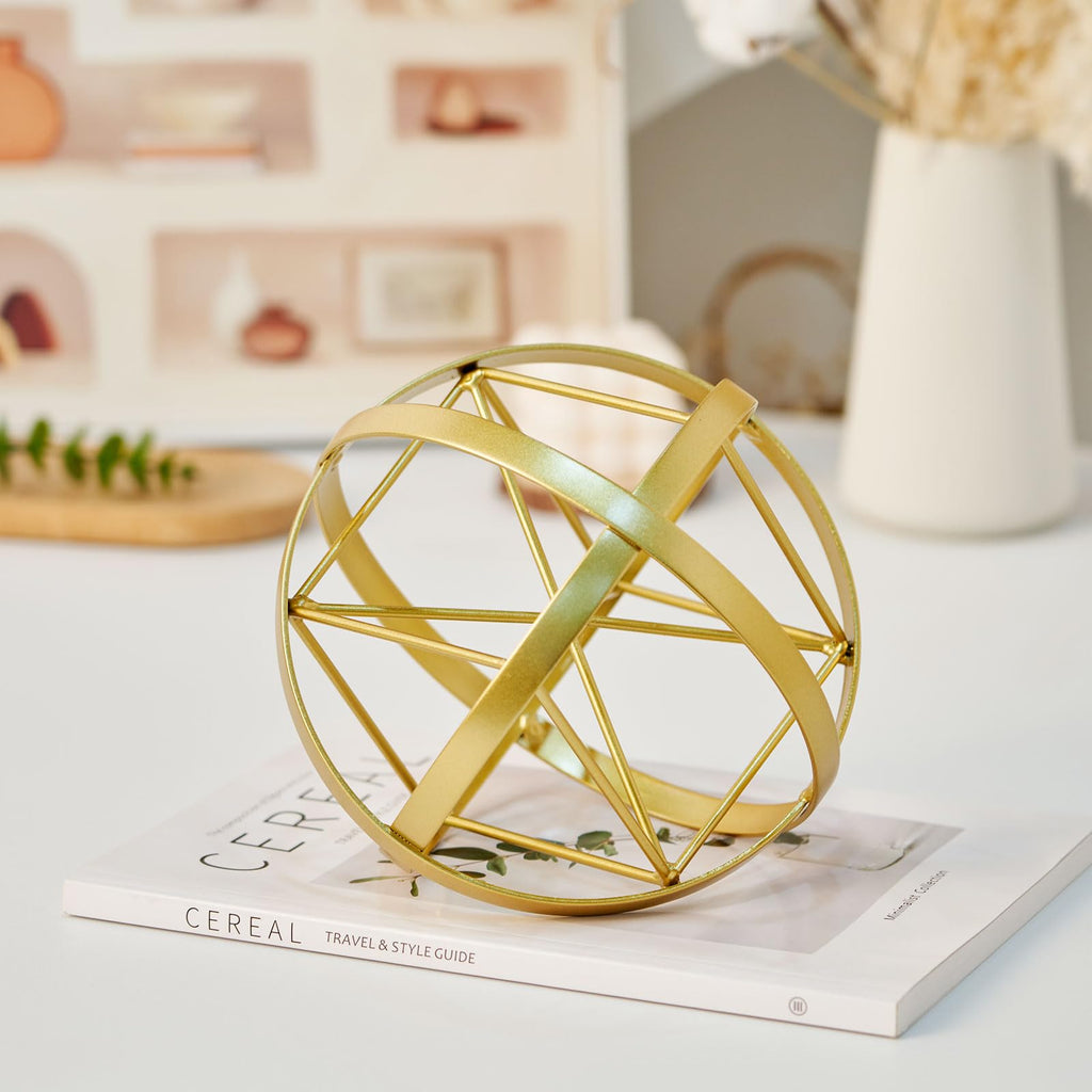 7" Gold Decorative Sphere, Geometric Sculpture Tabletop Decorative Balls