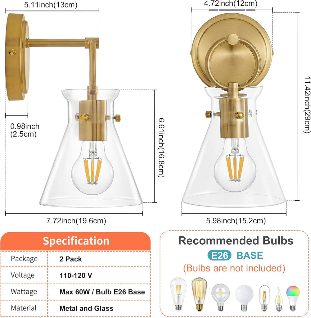 Gold Wall Sconces Set of 2 Modern Vanity Light Fixtures for Bathroom Wall Mount Lighting Lamp Hardwired Farmhouse
