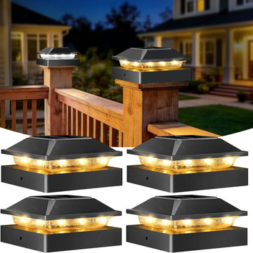 4x4 Solar Post Cap Lights, 2 Modes 16 LED Post Solar Lights Waterproof, 4 Pack Black Fence Deck Lights Fit