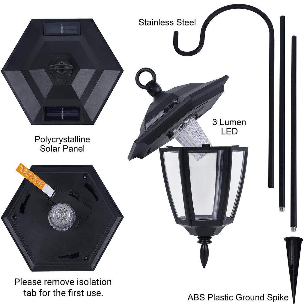 4 Pack Solar Hanging Lights Outdoor, Solar Powered Garden Decorative Lanterns with 4 x 38 Inch Shepherd Hooks