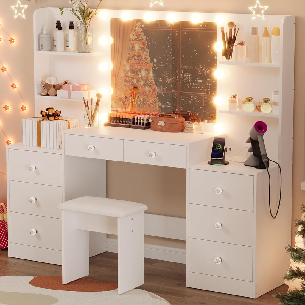 Large Vanity Desk with Lighted Mirror Dressing Table | Makeup Vanity with Power Strip, Soft Stool, 8 Drawers, 6 Open