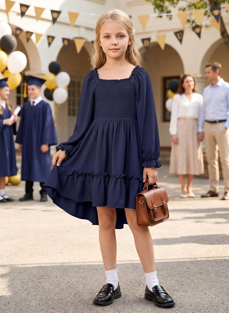 Girls Long Sleeve High-Low Hem Dress Fall Boho Ruffle Casual