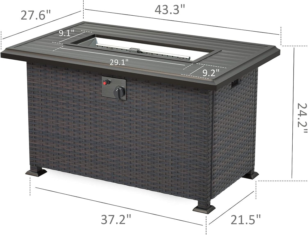Outdoor Propane Gas Fire Pit Table 43'',50,000 BTU with Rectangular Tabletop,Auto-Ignition,Adjustable Flame,Glass