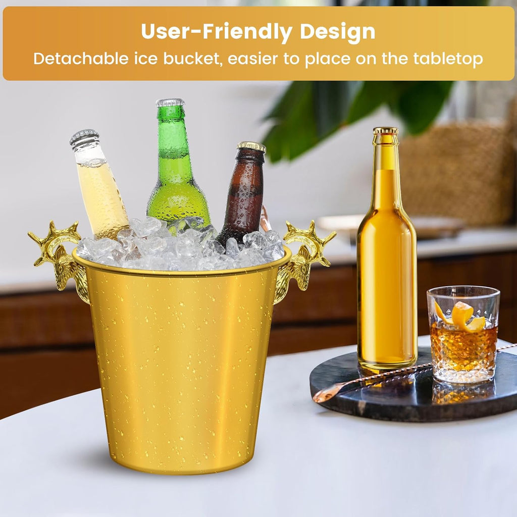 Ice Bucket with Stand,Gold Stainless Steel Champagne Ice Bucket,Deer Head Handle Wine Chiller Bucket for Christmas