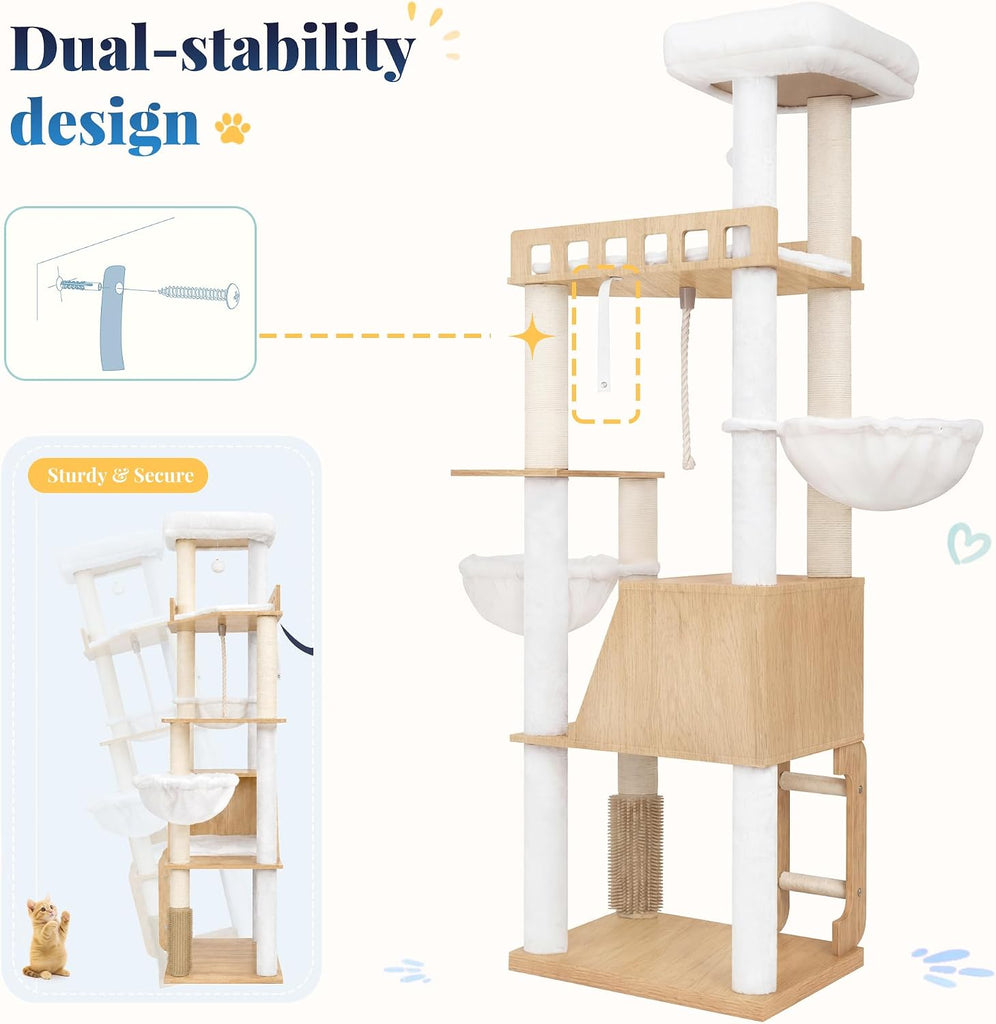 Wooden Cat Tree Tower with Large Condos, 2 Platforms