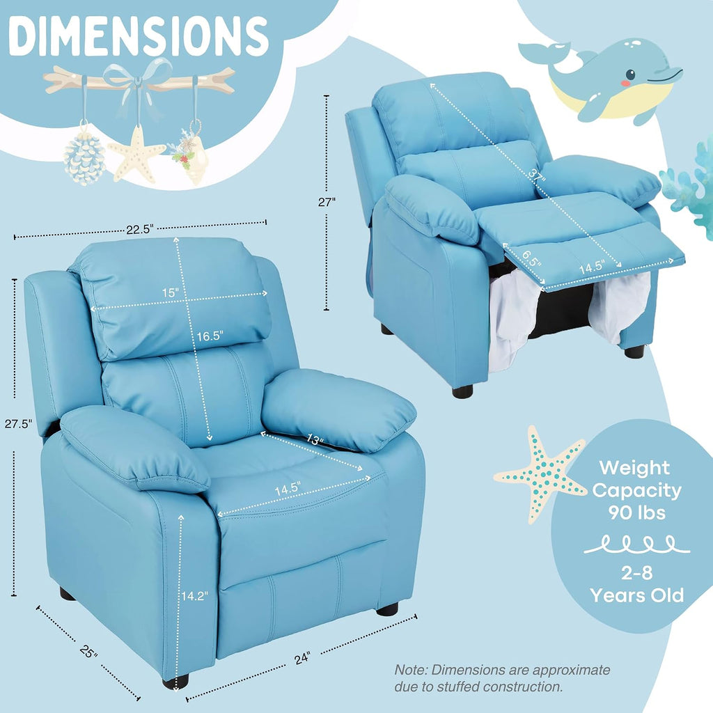 Kids Recliner Chair Storage Arms Reclining Toddler Push Back Sofa Ages 2-8