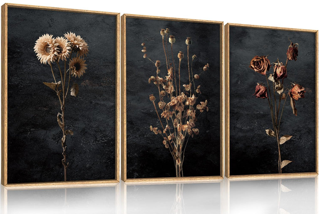 Large Moody Dark Floral Framed Canvas Wall Art Set- 24"x36"x3