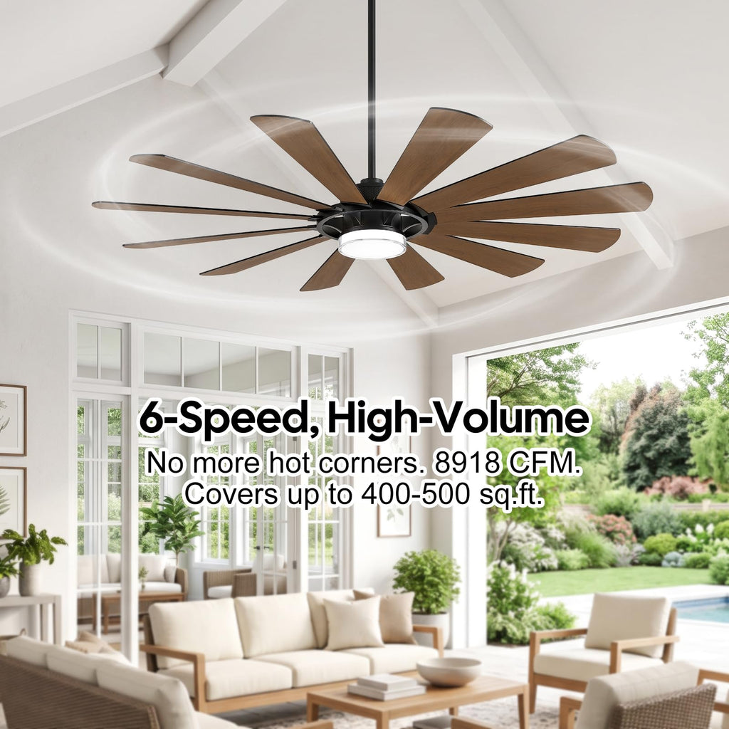 62 Inch Farmhouse Ceiling Fan with Light and Remote, 12 Blade Dual-Finish