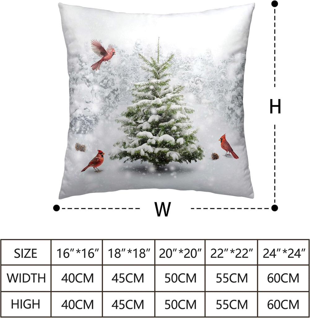 Winter Throw Pillow Covers 18X18 Snowy Natural Forest Decorative Pillow Case Green Pine Tree with Cardinal - Set of 2