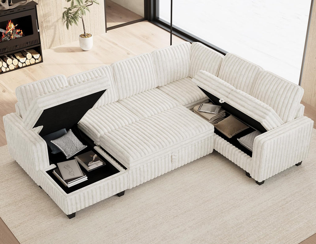 Corduroy Sleeper Sofa Bed with Storage Chaise Modular Sectional Sofa Couch with Pull Out Bed L Shaped Sectional