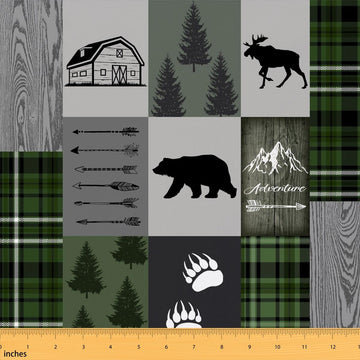 Vintage Country Cabin Fabric by The Yard, Rustic Patchwork DIY Art Fabrics, Jungle Wild Trees Animals Fabric, Deer Bear