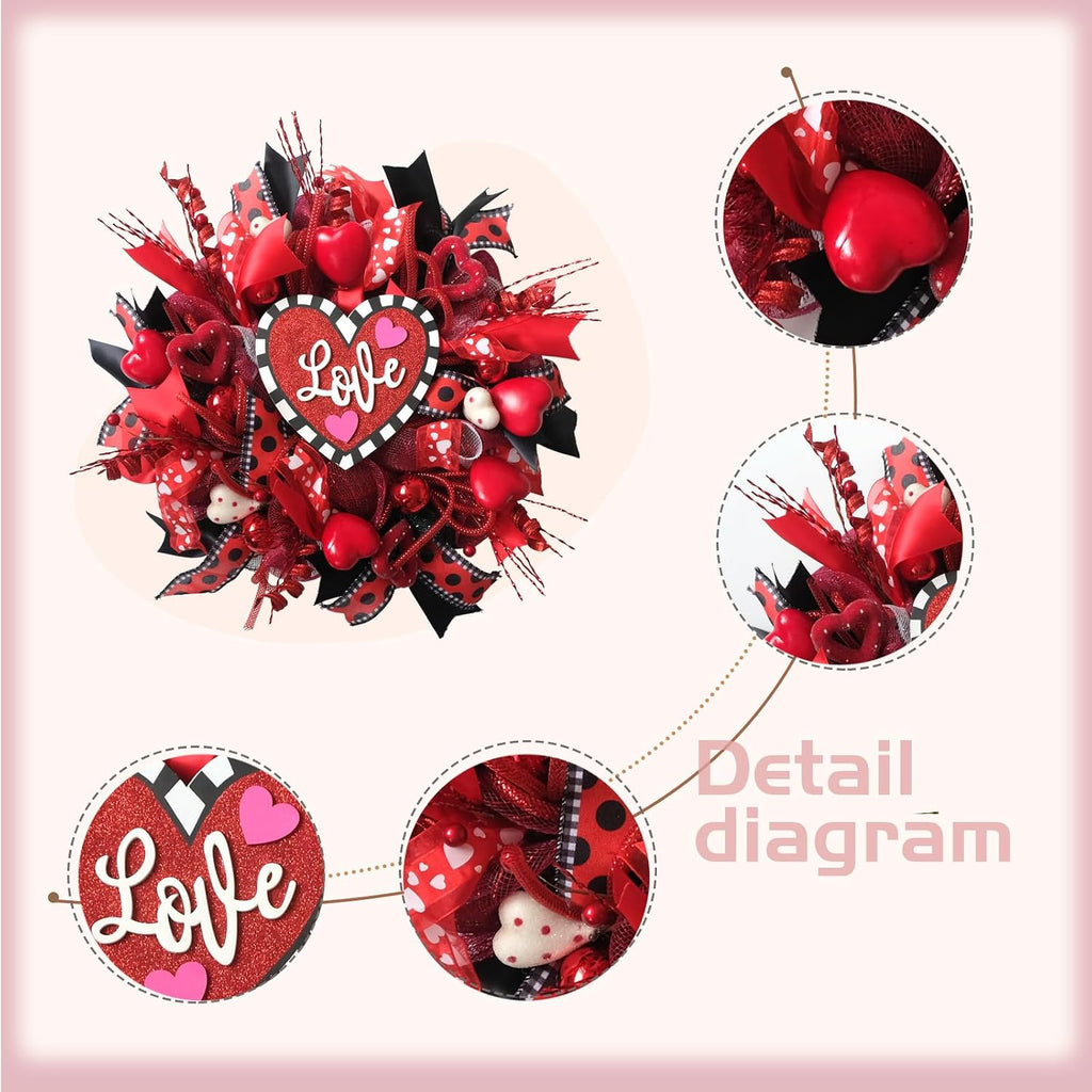 18 Inch Valentines Mesh Wreath for Front Door Artificial Red Rose Heart Valentines Day Decoration Wreath with Love