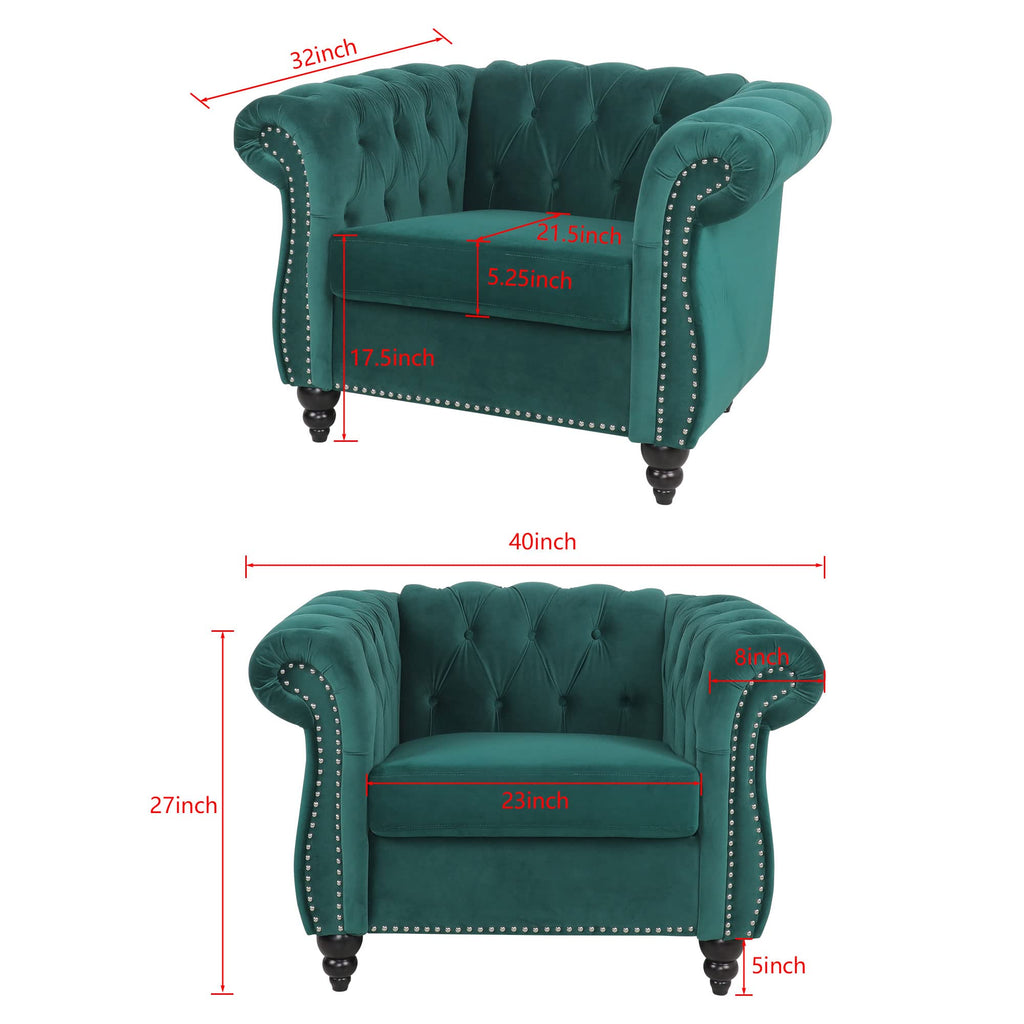 Velvet Chesterfield Chair, Mid-Century Modern Single Sofa Chair with Button Tufted Backrest and Nailhead Decor