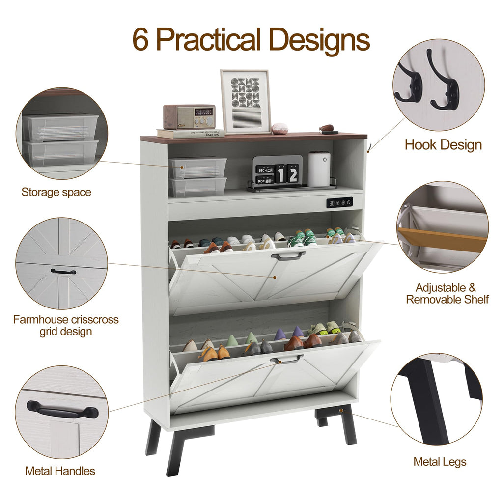 Shoe Cabinet with Deodorizer, Narrow White Entryway Storage, Anti-Tip