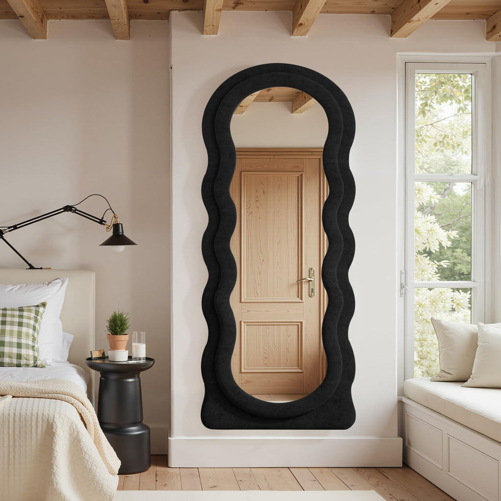 Full Length Mirror 71"x30" Irregular Wavy Full Body Wall Mounted Floor Mirror with Stand Black Flannel Frame Leaning