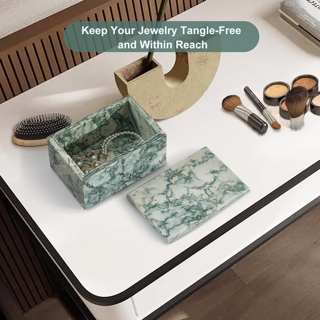 Natural Marble Storage Box with Lid, Rectangular Organizer for Jewelry