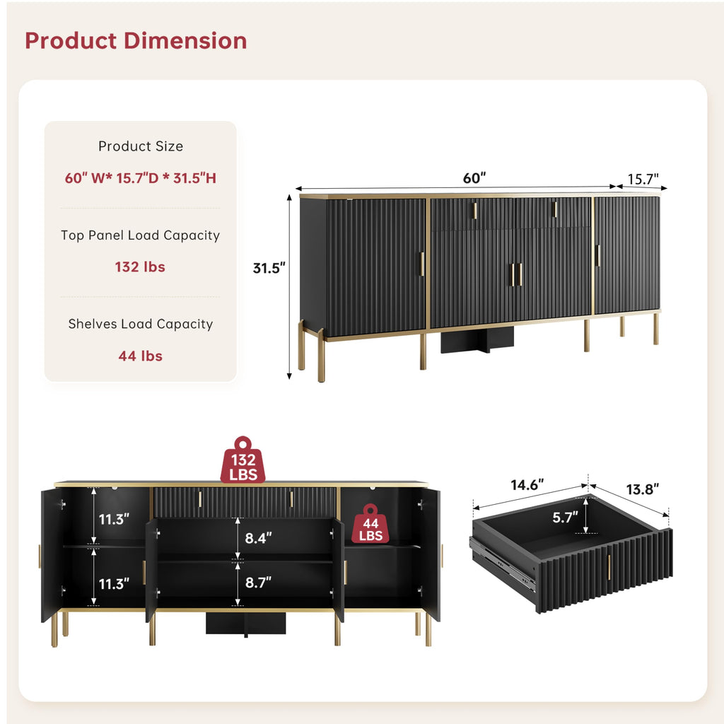 60" Fluted Buffet Cabinet with Storage, Modern Buffets & Sideboard with 2 Drawers, 4 Doors and Adjustable Shelves
